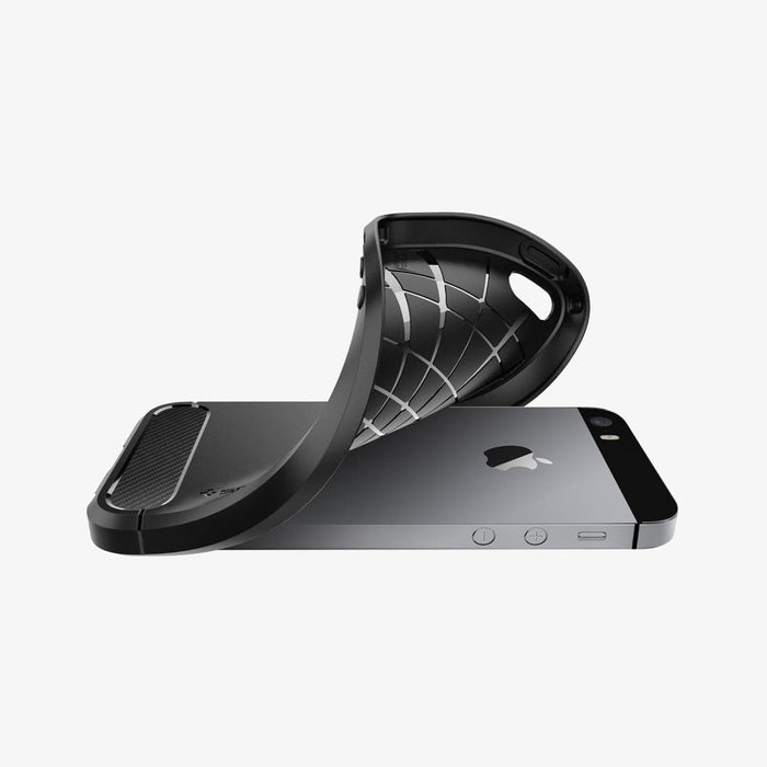 041CS20167 - iPhone 5 Series Case Rugged Armor in black showing the back and side with case bending away from the device