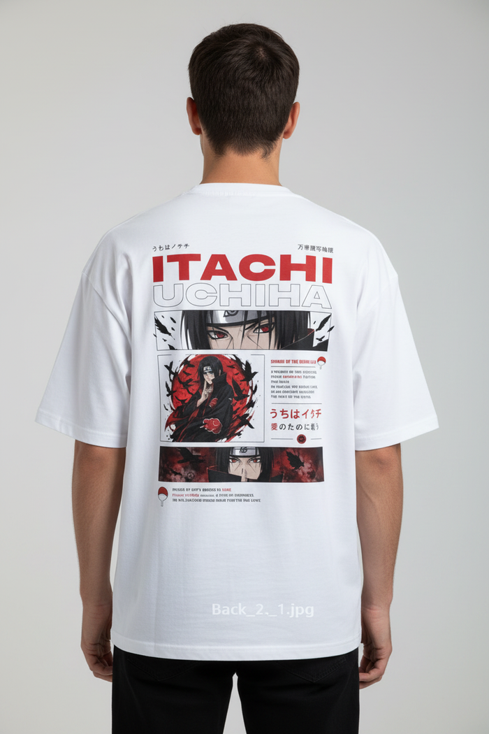 Male model back view Itachi tee
