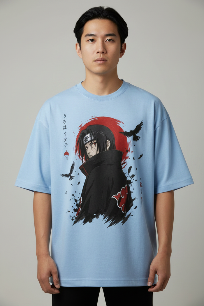Male model front view Itachi tee baby blue
