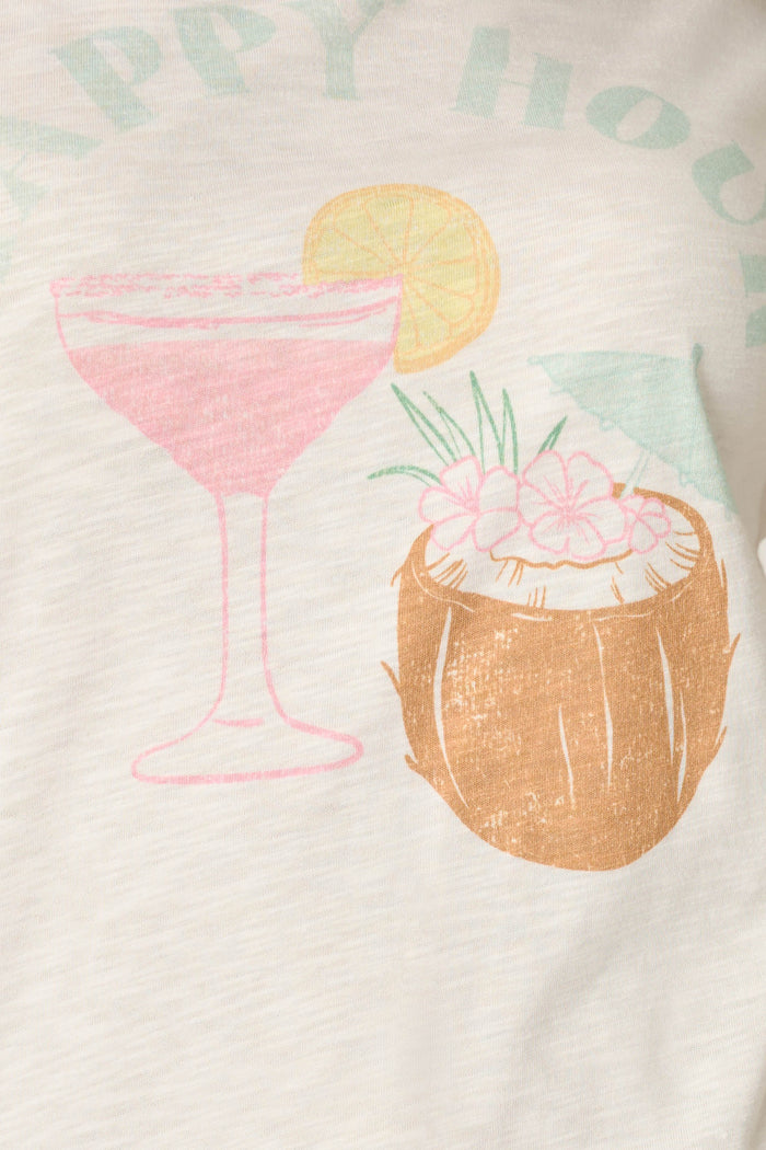 The P.J. Salvage It's Five O'clock Somewhere "Happy Hour" Graphic T-Shirt features a pink cocktail with lemon and a flower-topped coconut drink, capturing a fun, tropical vibe perfect for festive occasions.