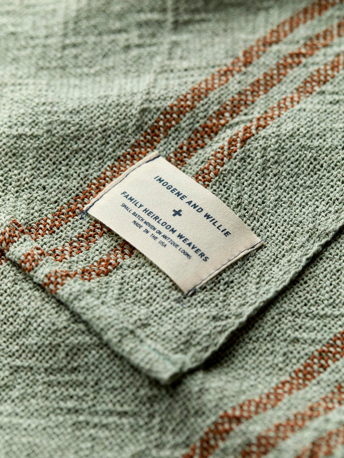 Dark Sea Green i+w x family heirloom weavers cotton throw in sage stripe