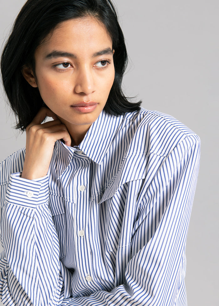 Jeanne Padded Shirt - Navy Stripe Shirt Black Fuchsia