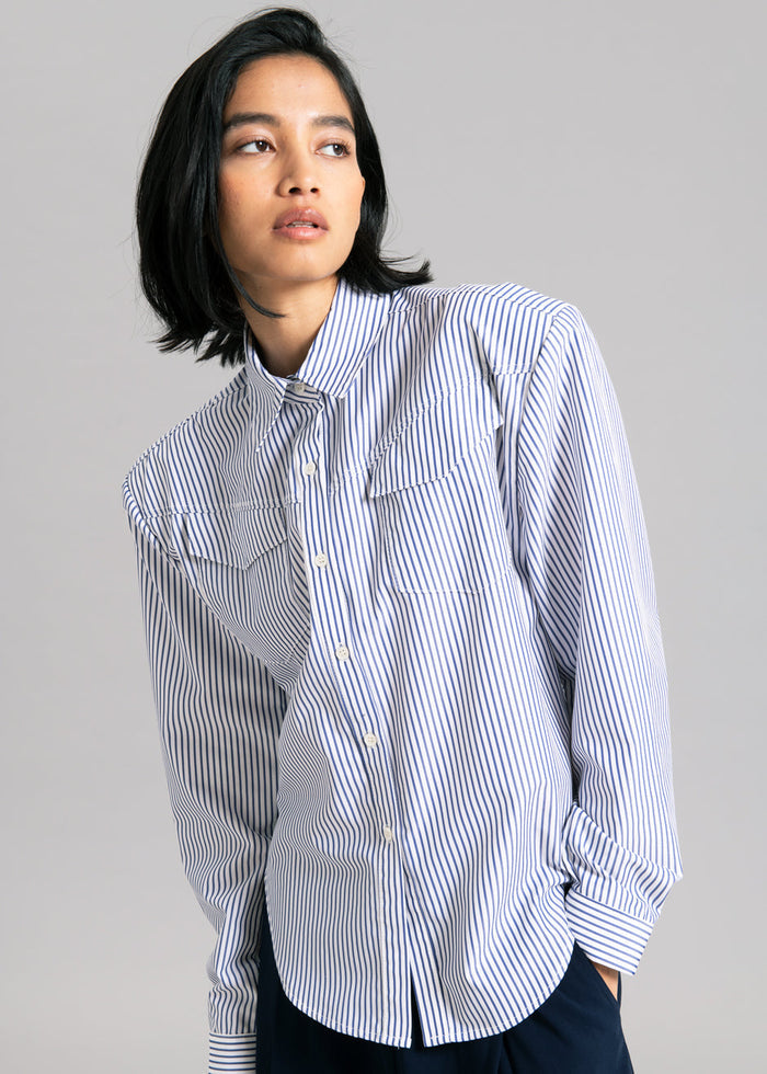 Jeanne Padded Shirt - Navy Stripe Shirt Black Fuchsia