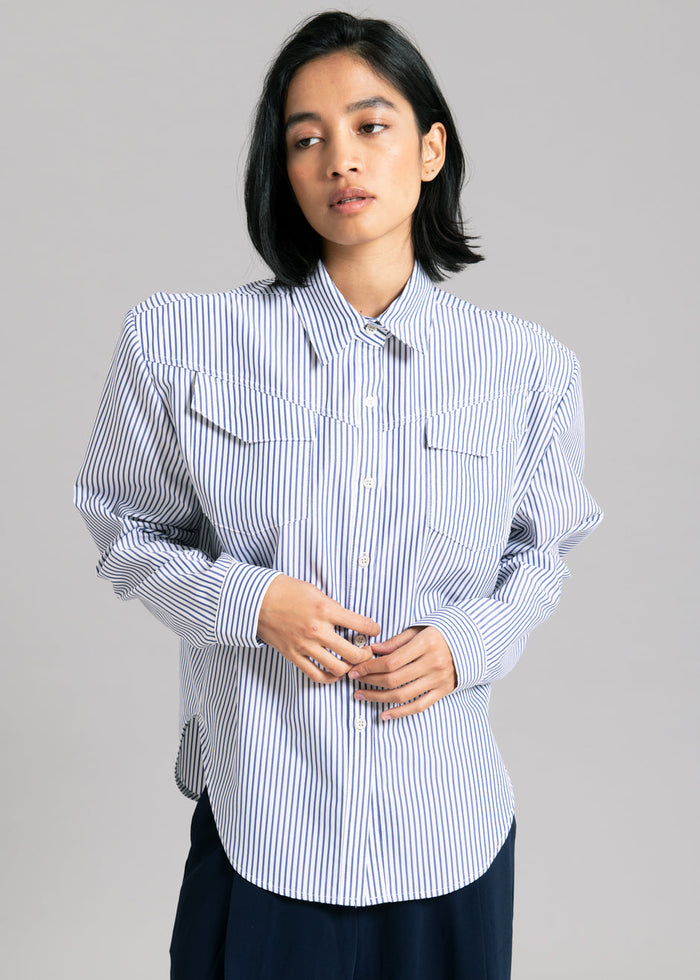 Jeanne Padded Shirt - Navy Stripe Shirt Black Fuchsia