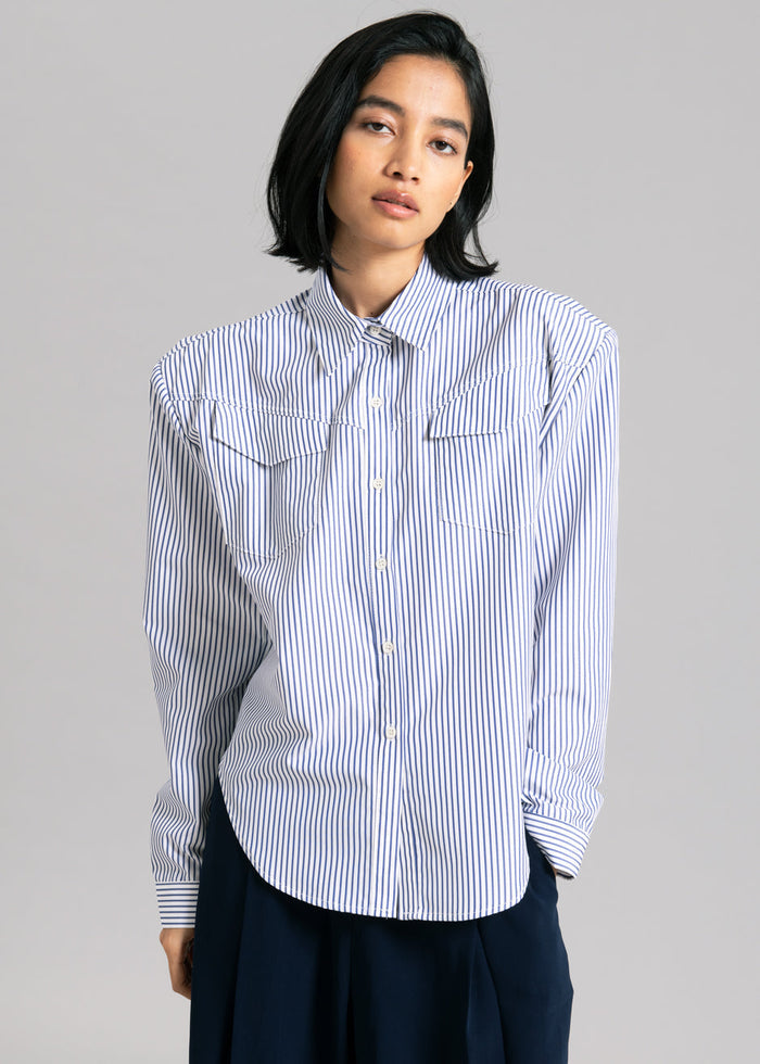 Jeanne Padded Shirt - Navy Stripe Shirt Black Fuchsia