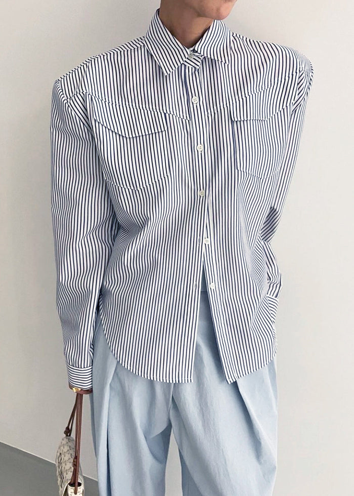 Jeanne Padded Shirt - Navy Stripe Shirt Black Fuchsia