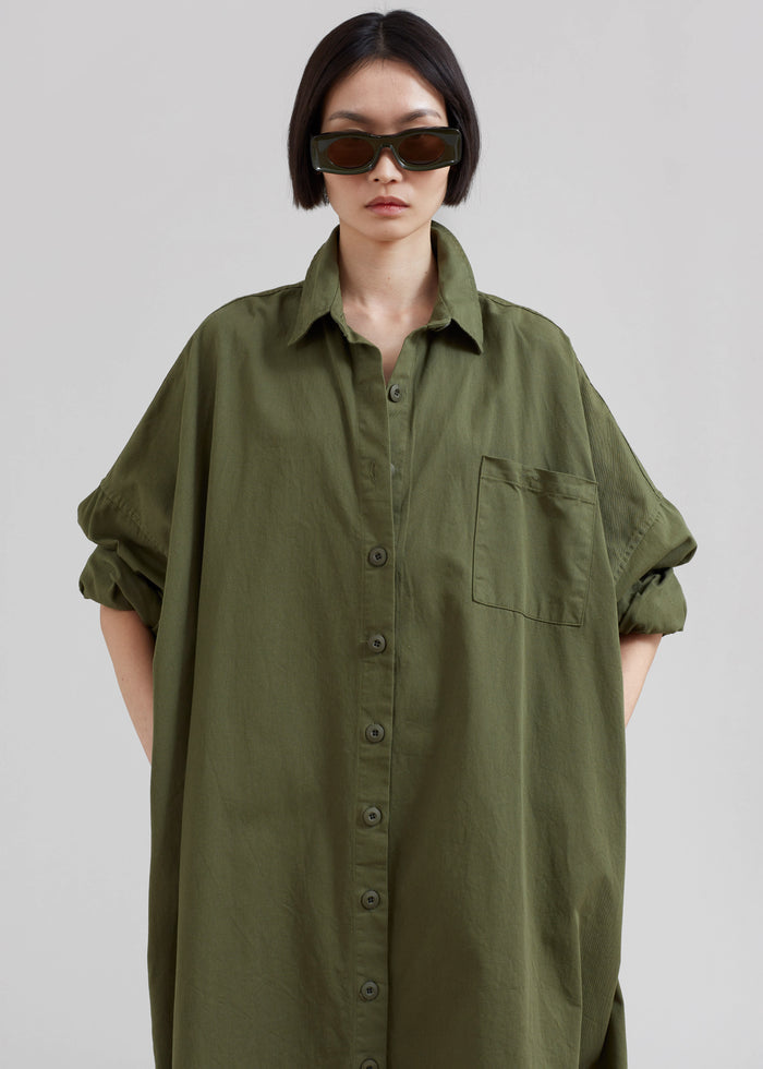 Kason Oversized Shirt Dress - Dark Olive