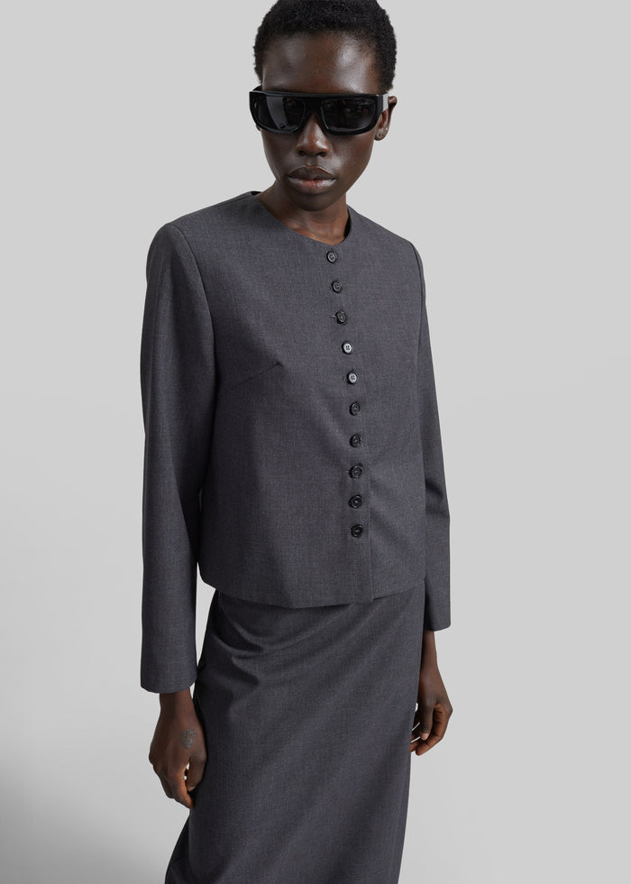 Katya Button-Up Boxy Top - Dark Grey Melange