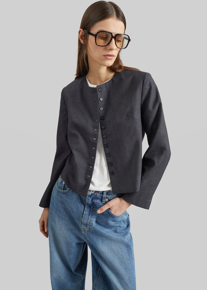Katya Button-Up Boxy Top - Dark Grey Melange