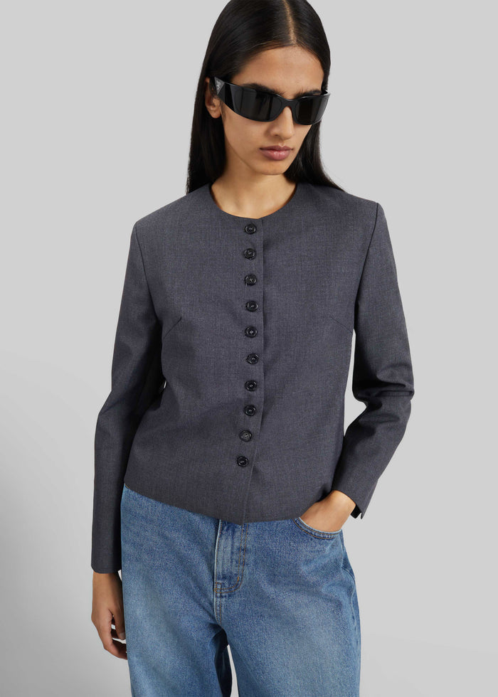 Katya Button-Up Boxy Top - Dark Grey Melange