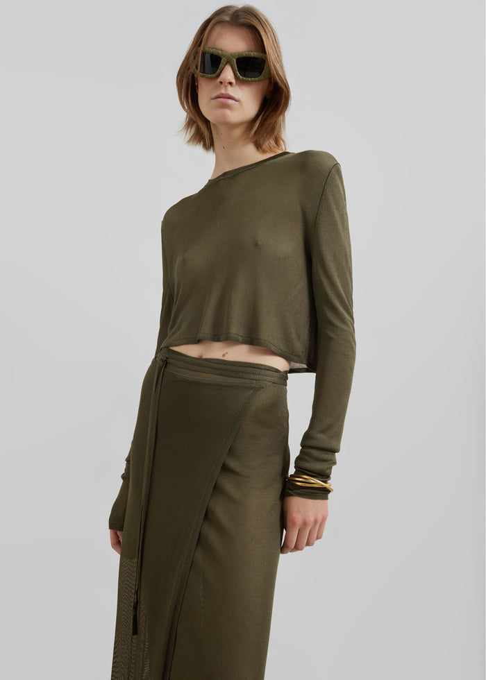 Kazel Cropped Thin Knit Top - Khaki