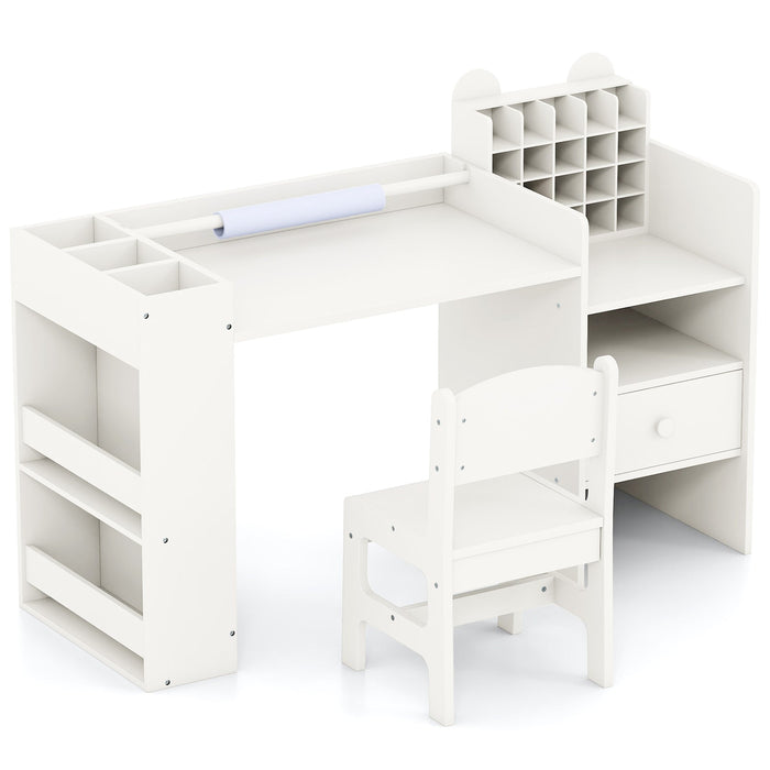 Kids Art Table and Chair Set with Detachable Paper Roll Holder and Cabinet