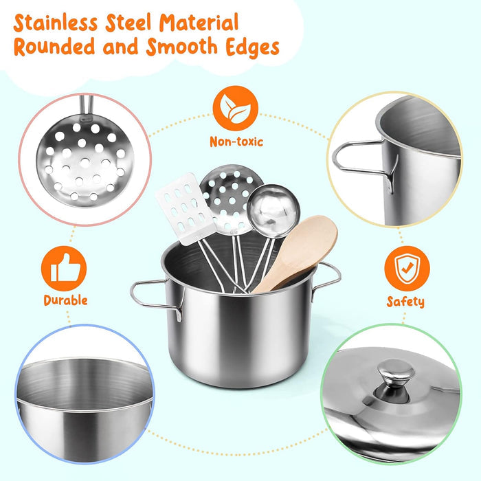 Kids Kitchen Playset - 38Pcs Stainless Steel Pots Pans Cooking Toys with Play Food Set