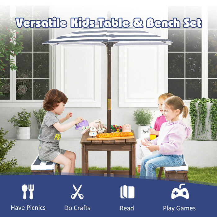Kids Picnic Table and Bench Set with Cushions and Height Adjustable Umbrella