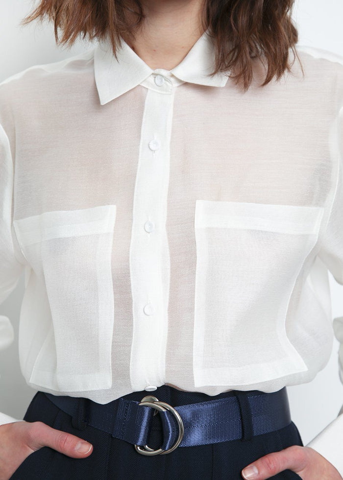 Off White Sheer Button Blouse Shirt Bar