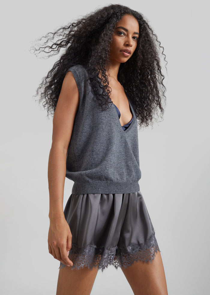 Lizan Deep V Neck Knit Vest - Dark Grey