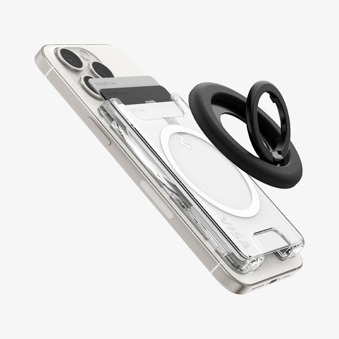 AFA08888 - Ultra Hybrid MagFit+ Wallet (MagFit) in Crystal Clear showing the mag-ring hovering above the back of the wallet case attached to a device