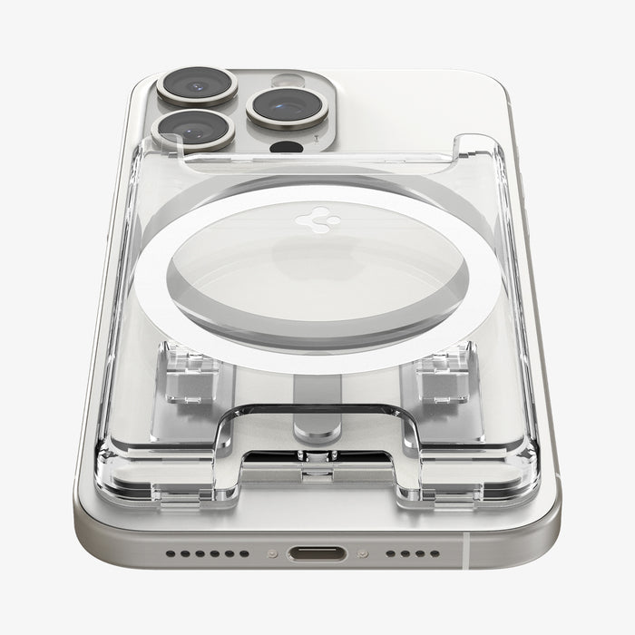 AFA08888 - Ultra Hybrid MagFit+ Wallet (MagFit) in Crystal Clear showing the front, partial bottom of the wallet case attached to the back of the device