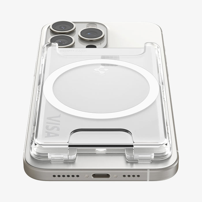 AFA08888 - Ultra Hybrid MagFit+ Wallet (MagFit) in Crystal Clear showing the front, partial bottom of the wallet case attached to the back of the device with card inserted