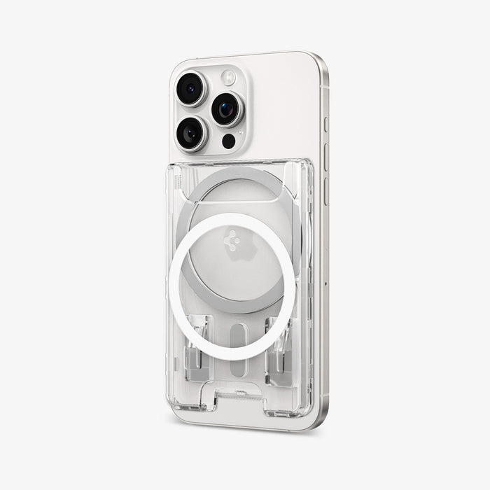 AFA08888 - Ultra Hybrid MagFit+ Wallet (MagFit) in Crystal Clear showing the front of the wallet case, back and partial side of the device