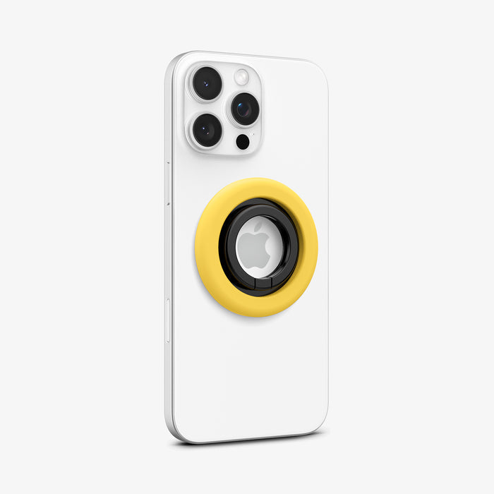 AMP09027 - MagSafe Phone Holder Nano Pop (MagFit) in Mango Yellow showing the front and side of the phone ring attached to the back of the device