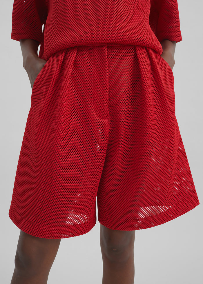 Marfa Mesh Pleated Bermuda Shorts - Red
