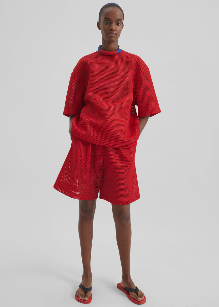 Marfa Mesh Pleated Bermuda Shorts - Red