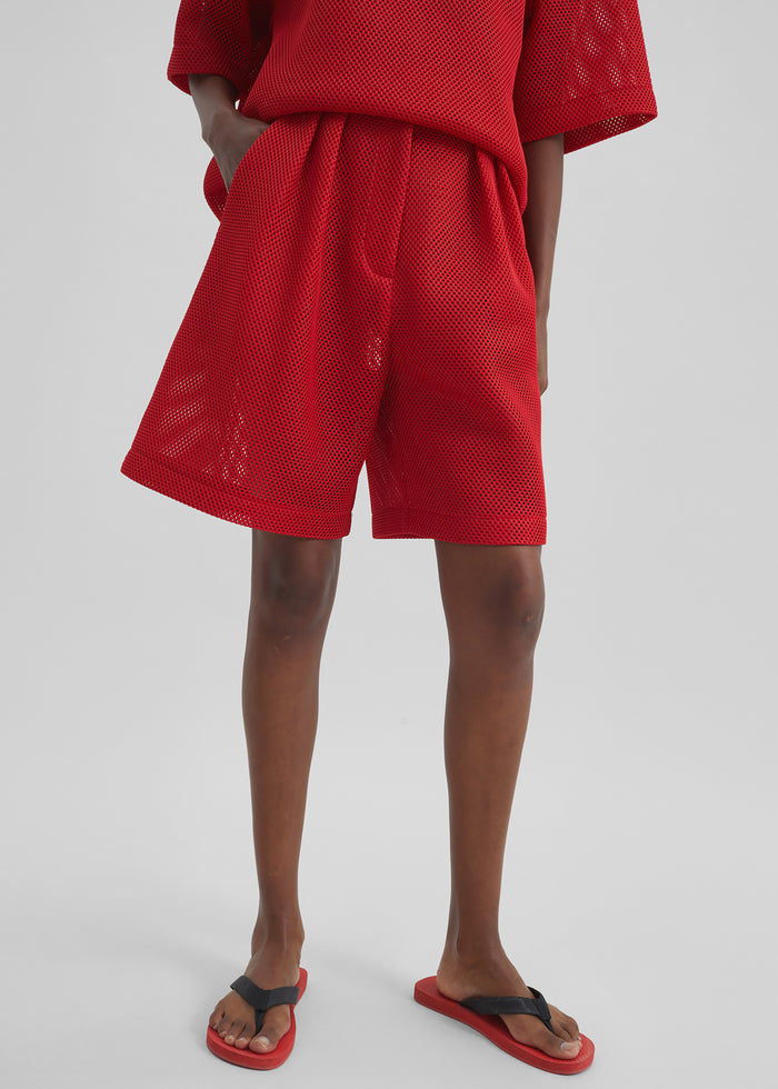 Marfa Mesh Pleated Bermuda Shorts - Red