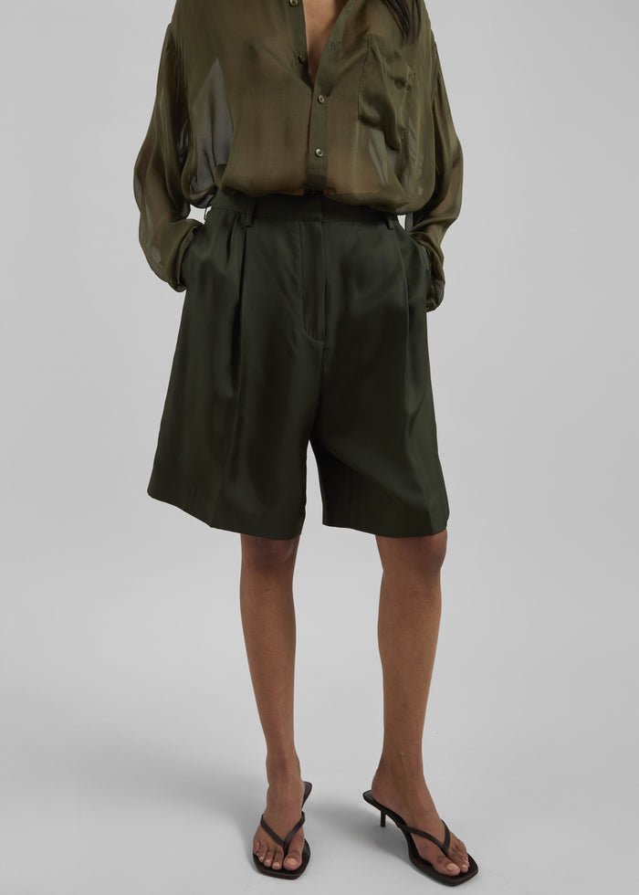Marfa Pleated Silk Bermuda Shorts - Khaki