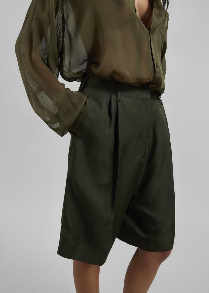 Marfa Pleated Silk Bermuda Shorts - Khaki