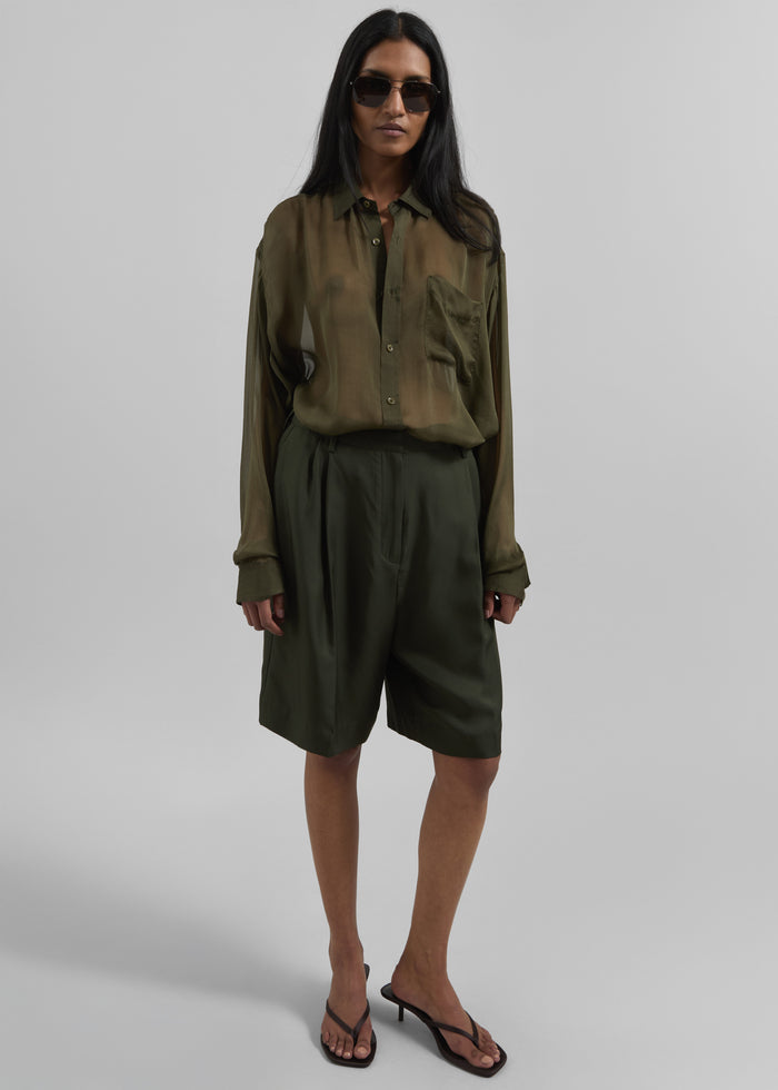 Marfa Pleated Silk Bermuda Shorts - Khaki