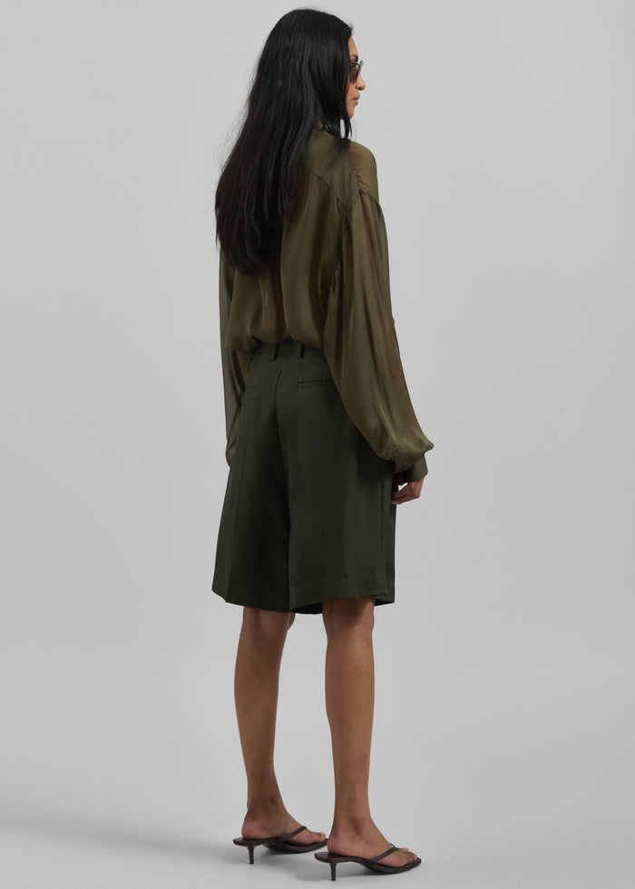 Marfa Pleated Silk Bermuda Shorts - Khaki