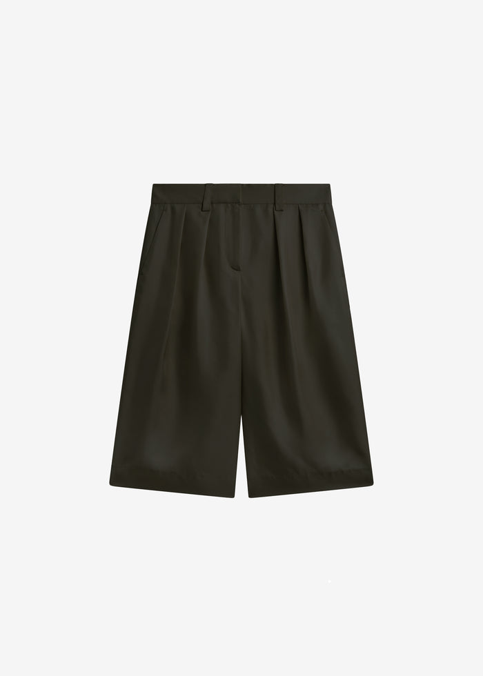 Marfa Pleated Silk Bermuda Shorts - Khaki