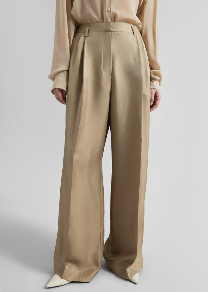 Marfa Pleated Silk Trousers - Beige