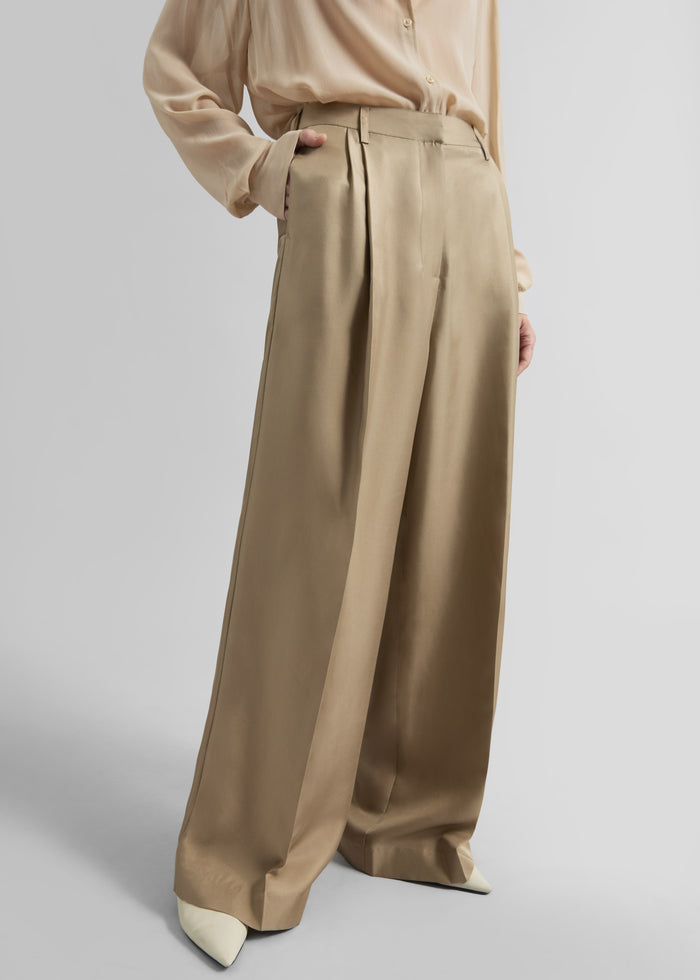 Marfa Pleated Silk Trousers - Beige