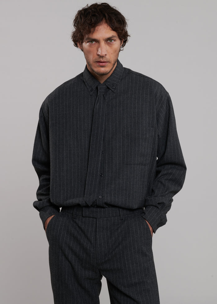 Mason Wool Button Up Shirt - Dark Grey/White Pinstripe