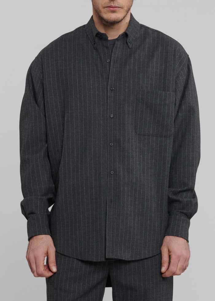 Mason Wool Button Up Shirt - Dark Grey/White Pinstripe