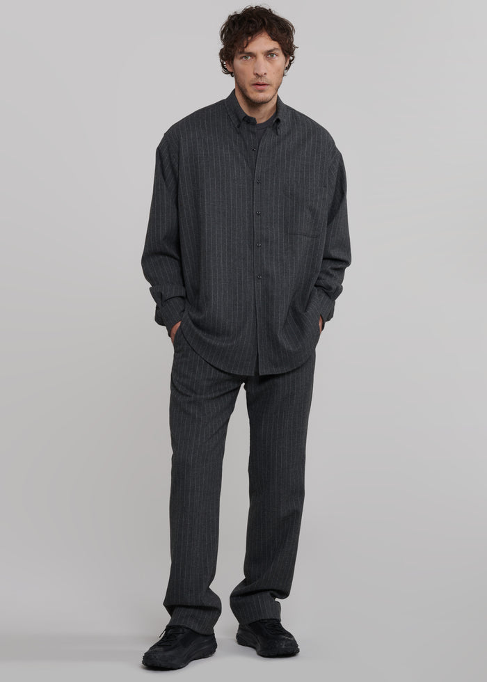Mason Wool Button Up Shirt - Dark Grey/White Pinstripe