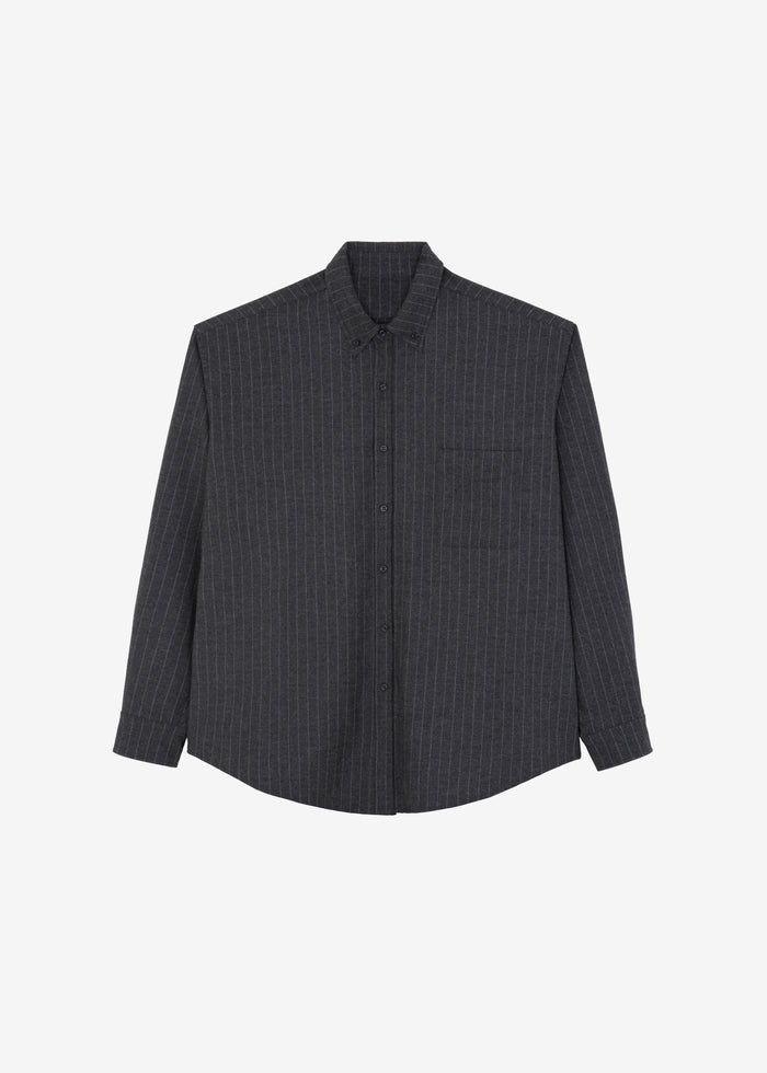 Mason Wool Button Up Shirt - Dark Grey/White Pinstripe