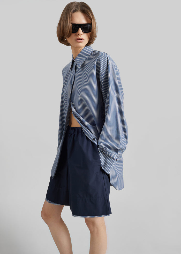 Menton Layered Hem Shorts - Navy/White Stripe