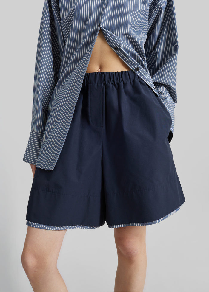 Menton Layered Hem Shorts - Navy/White Stripe