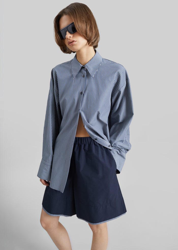 Menton Layered Hem Shorts - Navy/White Stripe