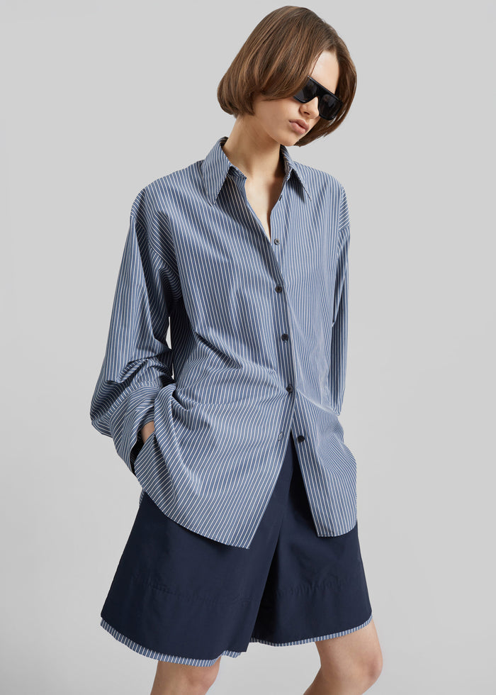 Menton Layered Hem Shorts - Navy/White Stripe