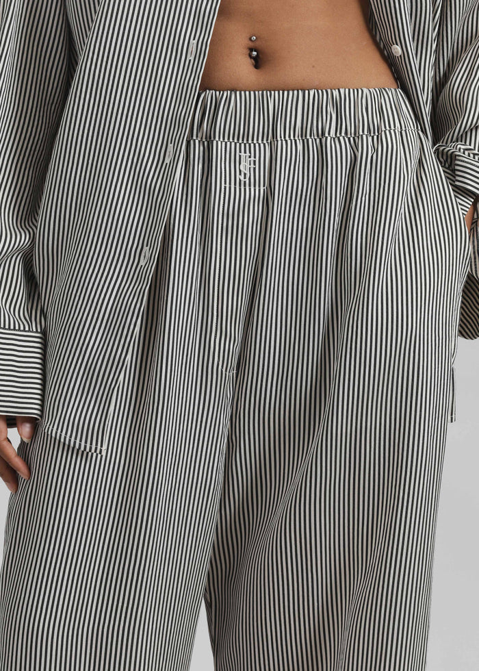 Mirca Striped Silk Elastic Pants - Black/White Stripe