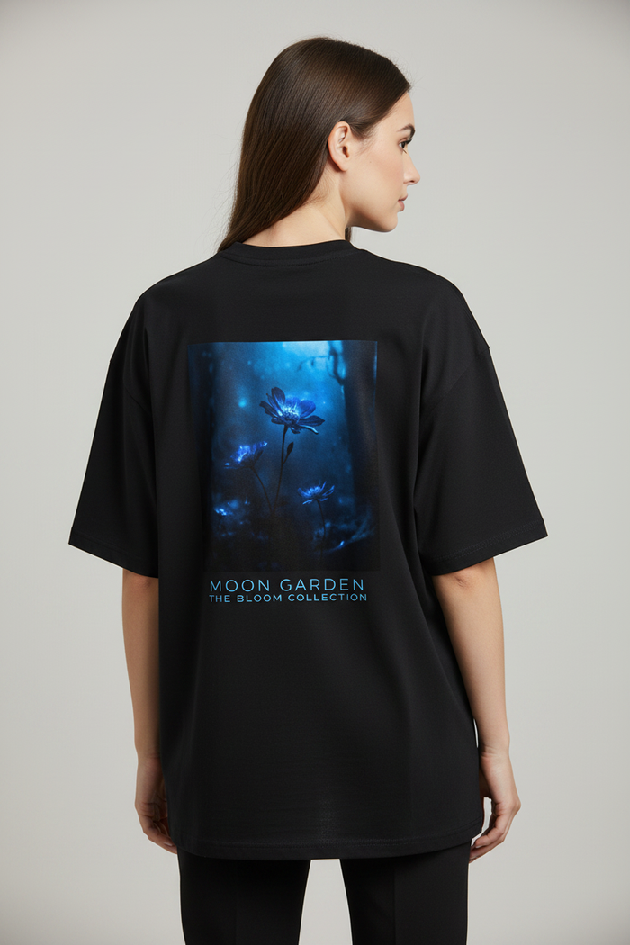 Female model back view Moon Garden tee