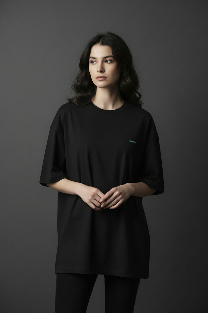 Female model front view Moon Garden tee below waist length