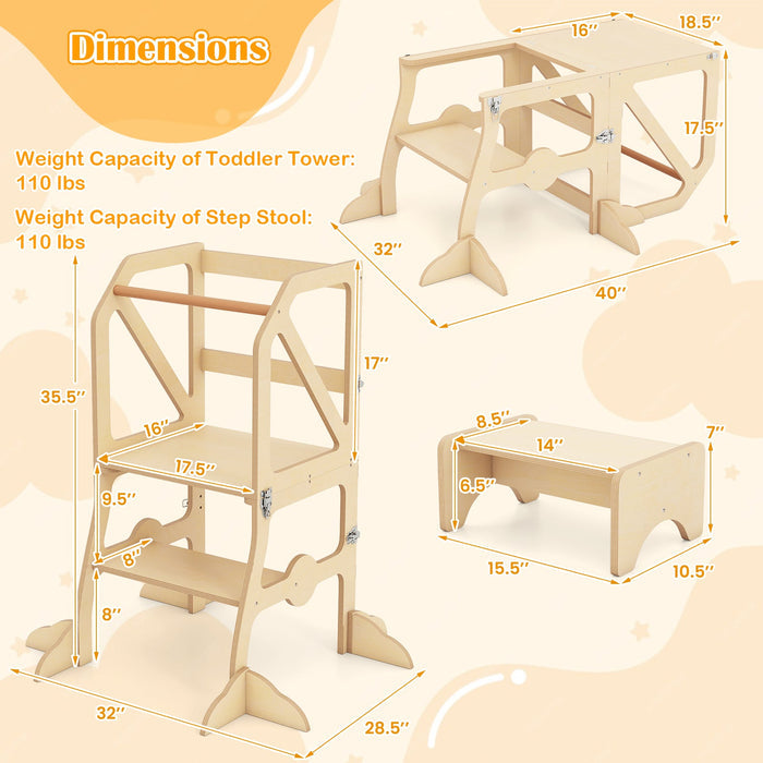 Multifunctional Kids Kitchen Step Stool with Removable Safety Bar and Fixing Buckles