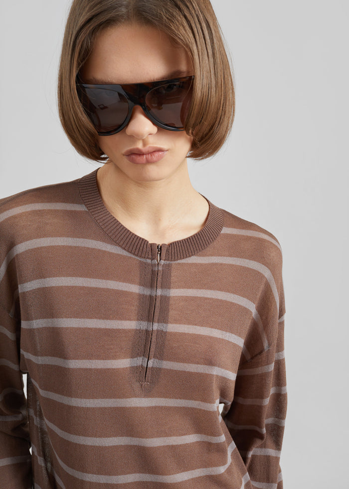 Nelas Knit Sheer Zip Pullover - Brown Stripe