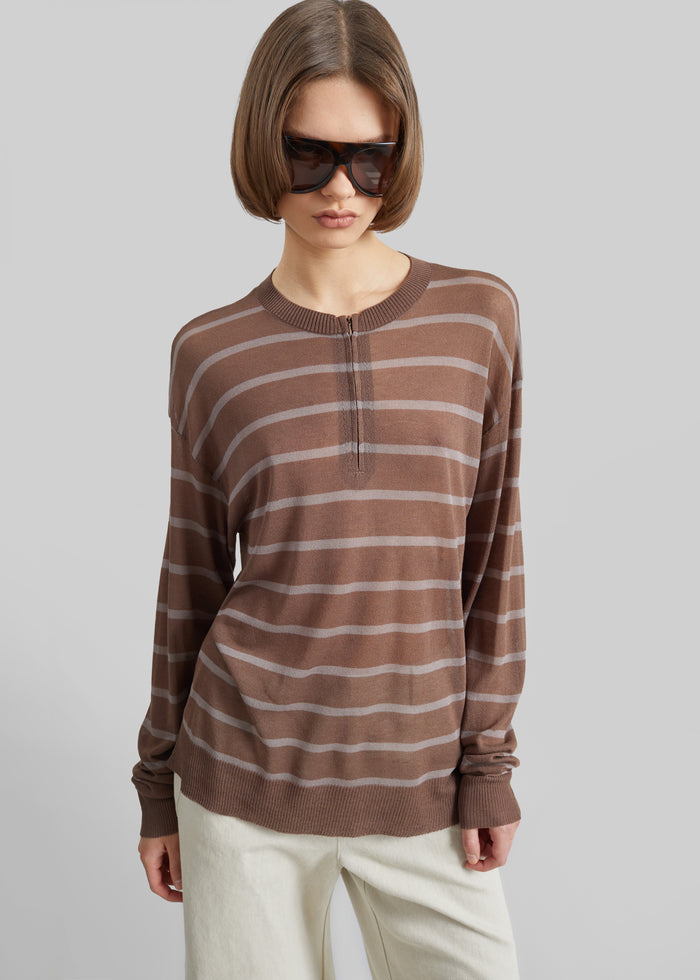 Nelas Knit Sheer Zip Pullover - Brown Stripe