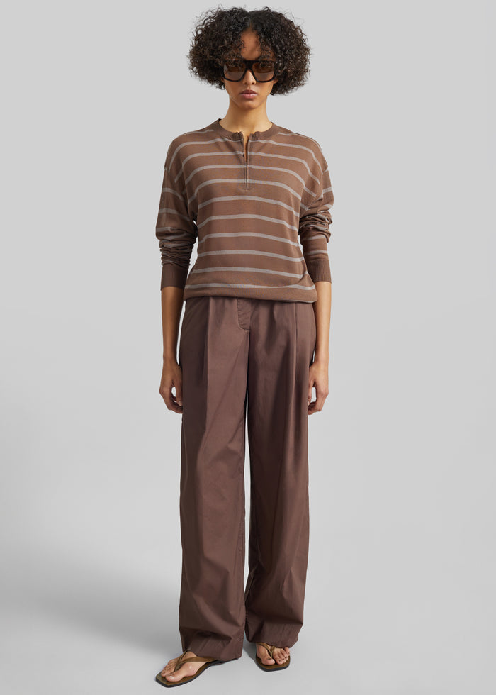 Nelas Knit Sheer Zip Pullover - Brown Stripe